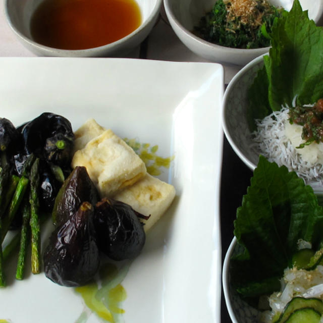 茄子の茶筅揚げ　無花果の素揚げなど