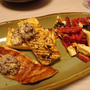 鮭と豆腐のグリル　新にんにくゆかりバター載せ・赤ピーマンとモッツァレラの海苔梅サラダ