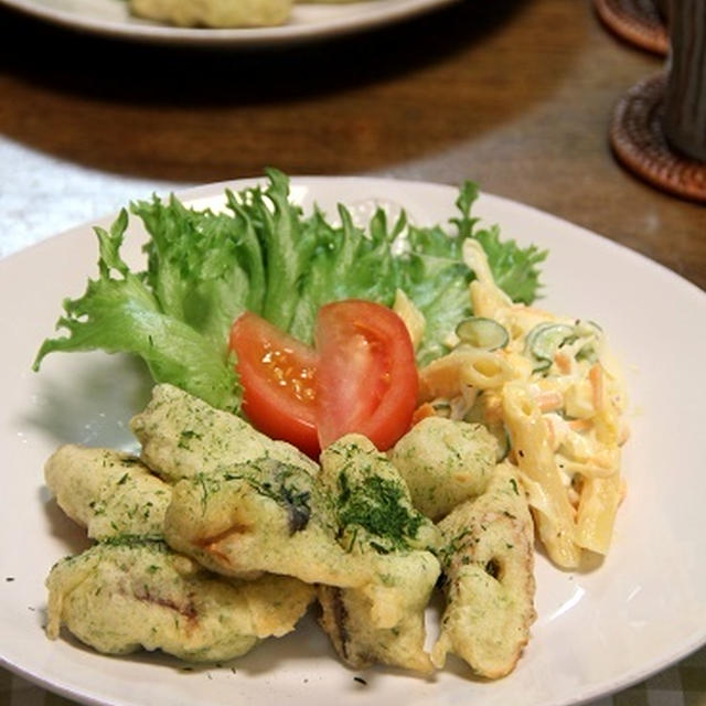 ふわふわ♪ぶりと竹輪の磯辺フリッター。晩ごはん。