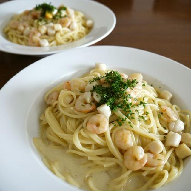 海老と貝柱のクリームソースパスタ♪