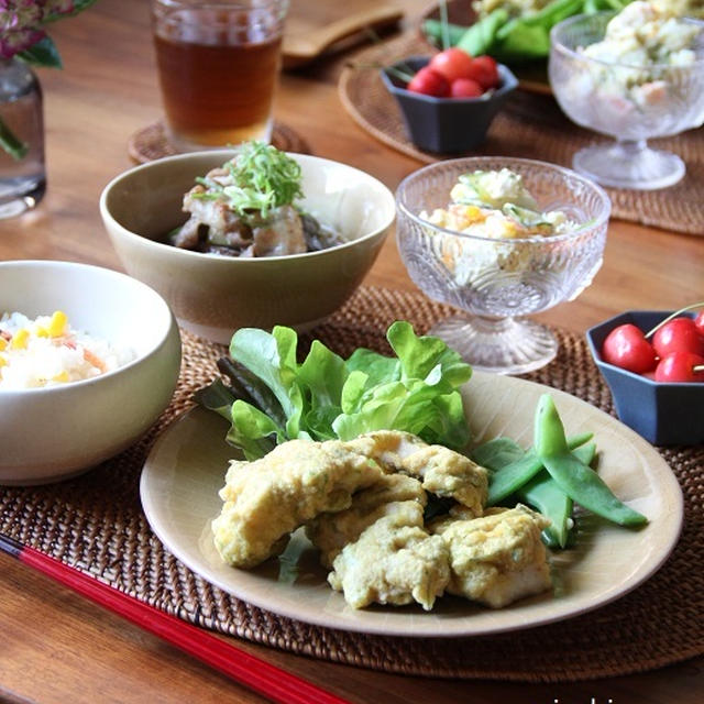 あじのカレーフリッターで和定食。いわしのカレーソテー、なすの春巻き（フーディストノート）。