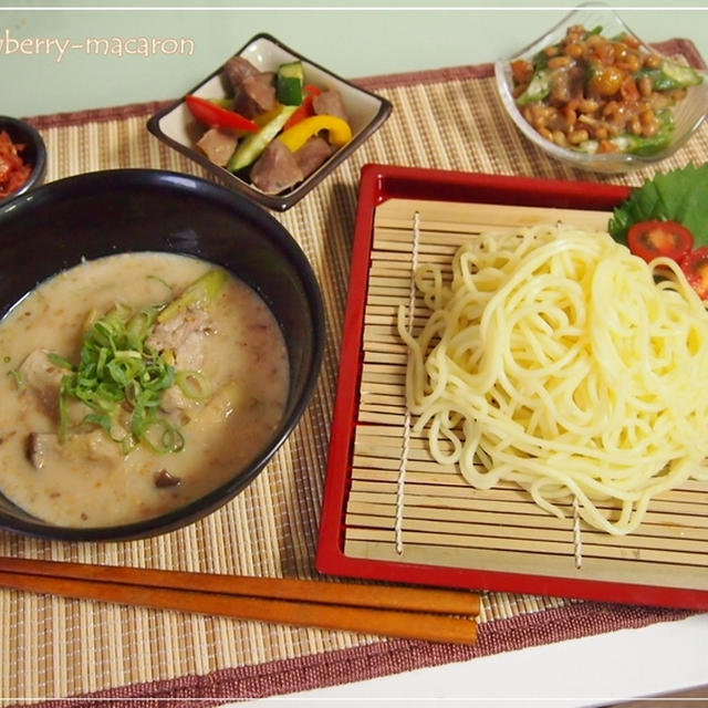 豆腐＆味噌・ゴマで濃厚なつけ麺♪・オクラと納豆の梅和え・砂肝の柚子こしょう炒めの晩御飯