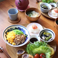 鶏そぼろ丼、かつおのレアカツ・プレート。