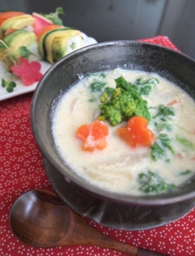 ホタテと菜の花のほんのり酒粕スープ