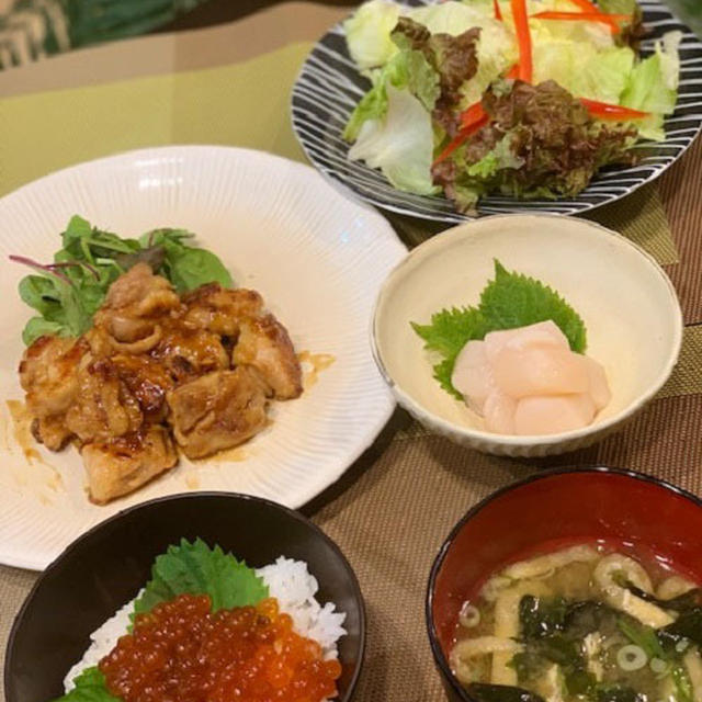 オーブンペーパーで焦げ付き無し!!鶏もも肉の照り焼きといくら丼の夕食・・今朝の富士山