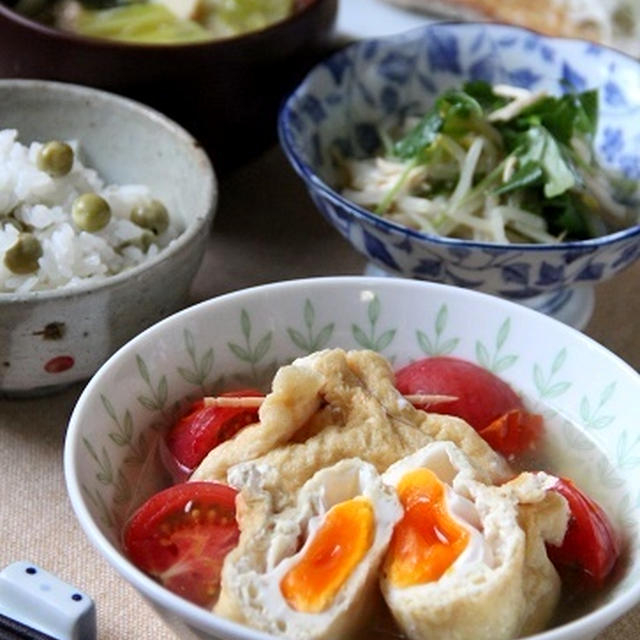 巾着たまごとミニトマトの白だしさっと煮。