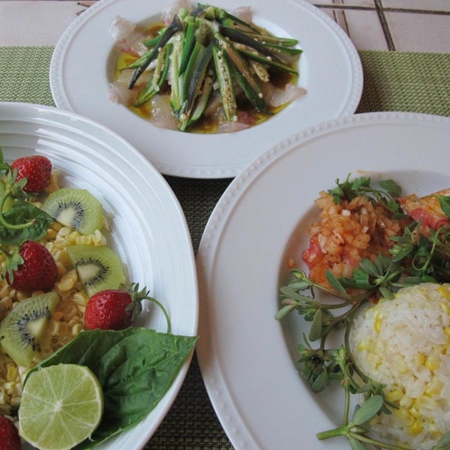 塩締めの鯛と長芋、オクラのカルパッチョ＆玉蜀黍ご飯など　♪名残の夏野菜で♪