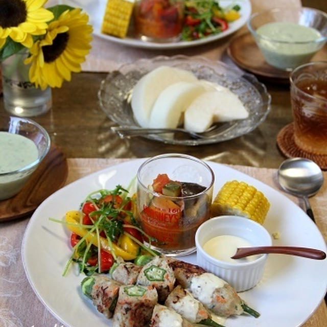 オクラの肉包み・チキンケバブ。ワンプレート。