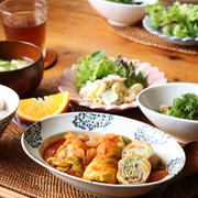 豚薄切り肉でロールキャベツ・献立。