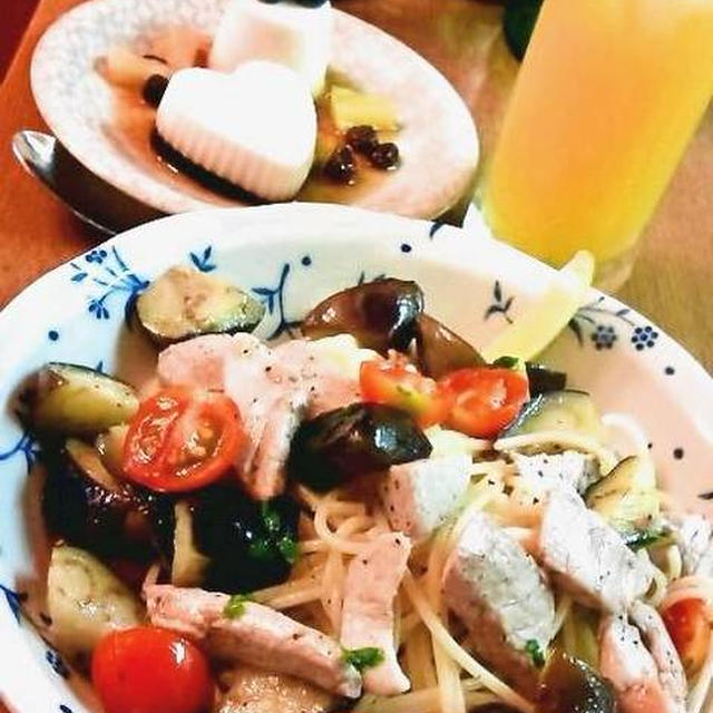 マグロと茄子とミニトマトのスパゲッティ