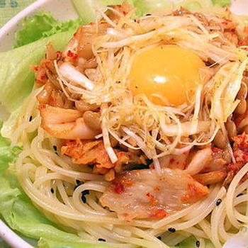 キムチ納豆冷製パスタ