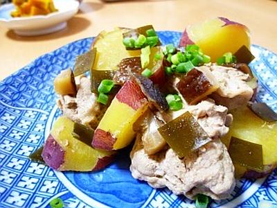 昆布と椎茸の旨みたっぷり☆豚もも肉とサツマイモの煮物
