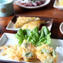 ふわふわ～そら豆とたまねぎのフリッター。かつおのカルパッチョ。
