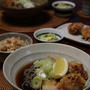 東松島のりうどん と 鶏天とマイタケ天。ひな祭りの三色プリン。