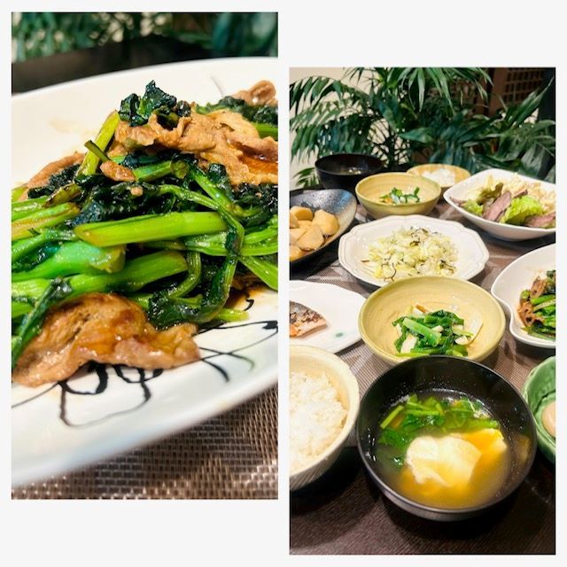 野菜メインの夕食は「菜花と豚肉の炒め物」～ランチはホットサンドで!!