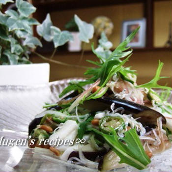 オクラ納豆に長いもと茄子じゃこのサラダ朝食☆彡