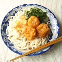 鶏唐揚げ載せの、おろし冷やしうどん、九州北部の大雨