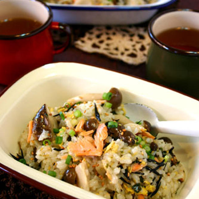 たまごスープで簡単☆加圧３分で米からふっくら鮭雑炊！！