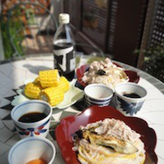 焼き茄子と鶏肉のとろたま素麺 