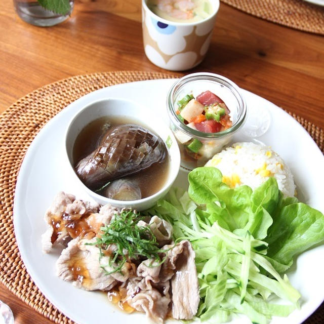 豚しゃぶ、梅あんかけ・プレート と 冷たい茶碗蒸し。