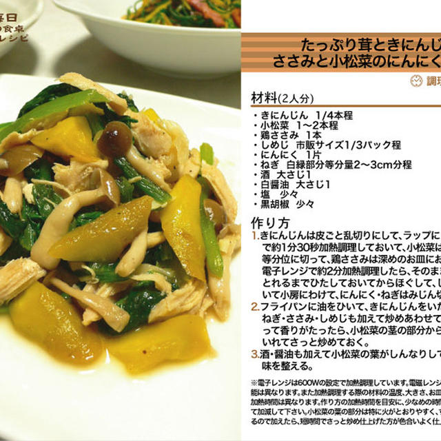 たっぷり茸ときにんじんとささみと小松菜のにんにく醤油炒め -Recipe No.1042-