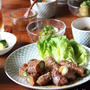アスパラと人参の牛肉巻き照り焼き。きゅうりの醬油漬け。