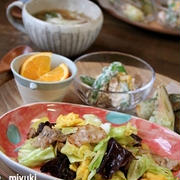 ふわふわたまごと春キャベツと豚肉の炒め物。ワンプレート。