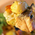 季節を彩る【栗入り秋鮭のパーティーリゾット】生秋鮭／栗／スライスチーズと菜園野菜のコラボです。