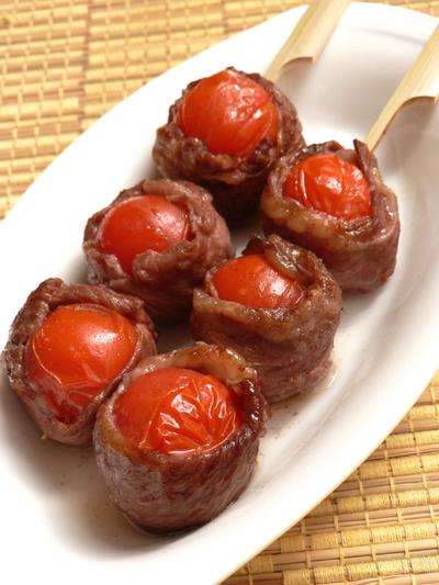 甘焼きジュワ〜☆肉巻きプチトマト串
