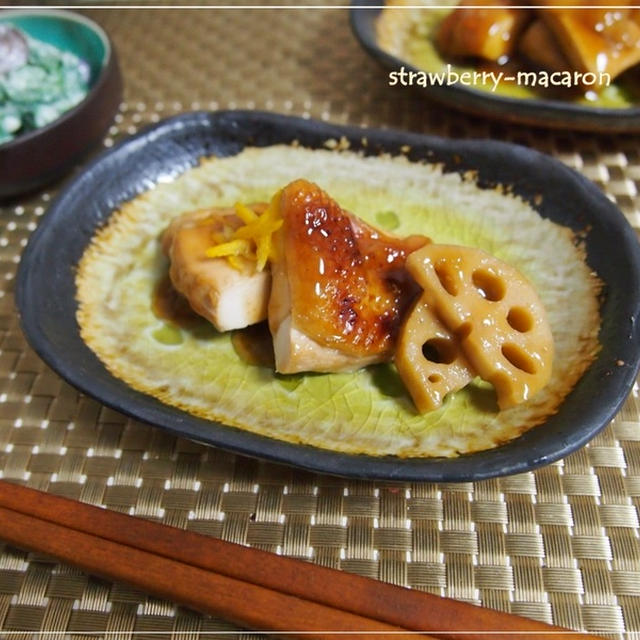 鶏胸肉で柚子風味の和風ローストチキンとわさび菜・舞茸のわさび入り白和え