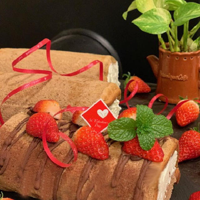 地元公民館レッスンは、バレンタイン用ノンオイルシフォン生地ココアロールケーキです　♪♪