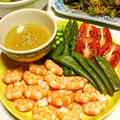 ごまハチミツみそソースをたっぷりつけていただく☆季節野菜添えプリプリ蒸し海老　- Dip prawn in the Hachimitumiso sauce -　-Recipe No.1377-