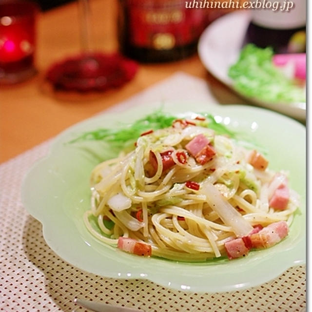 白菜とベーコンのぺペロン風パスタ