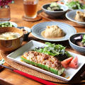 ズッキーニの肉詰め、根菜の巾着煮とか、和定食。 by miyukiさん