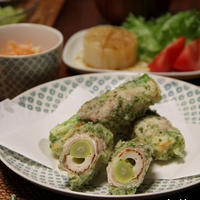 白ねぎと竹輪の合わせ肉巻き 磯辺揚げ。（おおいたクッキングアンバサダー）
