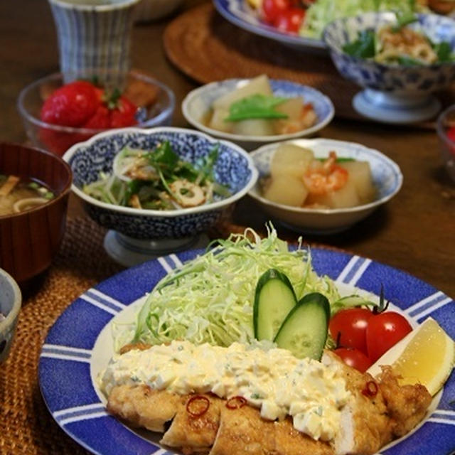 鶏むね肉でチキン南蛮 の晩ごはん。デザートはあまおう♪