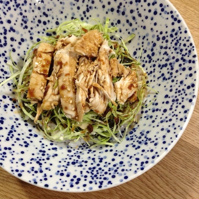 柄物の器に盛りつけられた茹で鶏の甘辛にんにく丼