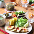 豚ヒレ肉ピカタ定食。夏野菜の揚げびたし、きゅうりの佃煮とか。
