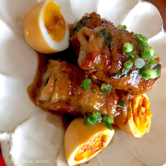 豚バラ肉巻きと卵の甘辛焼き