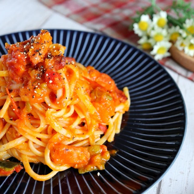 【絶品】かぼちゃとベーコンのトマトパスタ