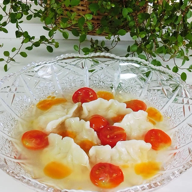 レシピ＊冷製エビの水餃子トマトスープあんかけ＊餃子の皮の作り方工程写真付き