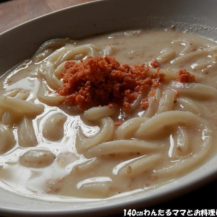 グレー色の丸皿に盛られた、鮭のまろやか和風うどん