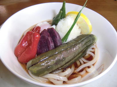 野菜の素揚げおろしうどん温泉玉子のせ