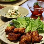 味噌で鶏の唐揚げ と 長ねぎと竹輪のナムル。