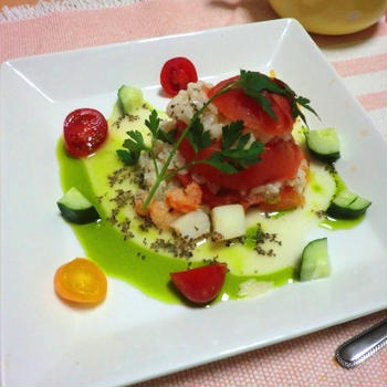トマトと海鮮のリゾット＜レシピ＞と　おからサラダ　とおしゃべり