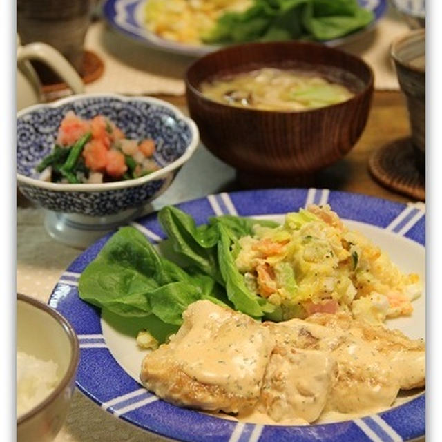 お手軽　鶏むね肉で香味マヨネーズあえ