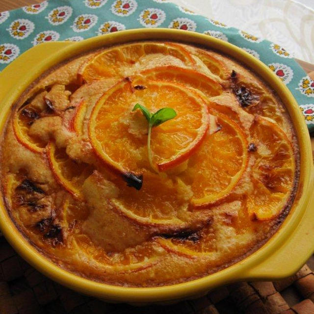 オレンジのシロップ煮のグラタン皿パンケーキ