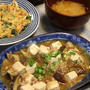 なすとひき肉の柚子こしょうとろみあん　と　イカキムチヂミ。