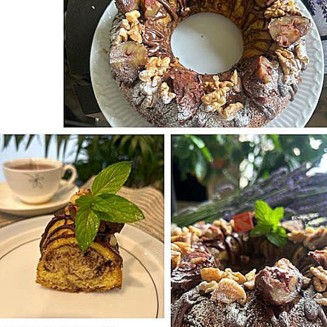 ティータイムスィーツは生チョコマーブルの栗渋皮煮・胡桃トッピングのマーブルリングケーキ