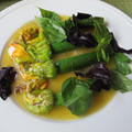 ズッキーニの花のファルシ＆おろしトマト＆鯛のカルパッチョ・緑酢ソース